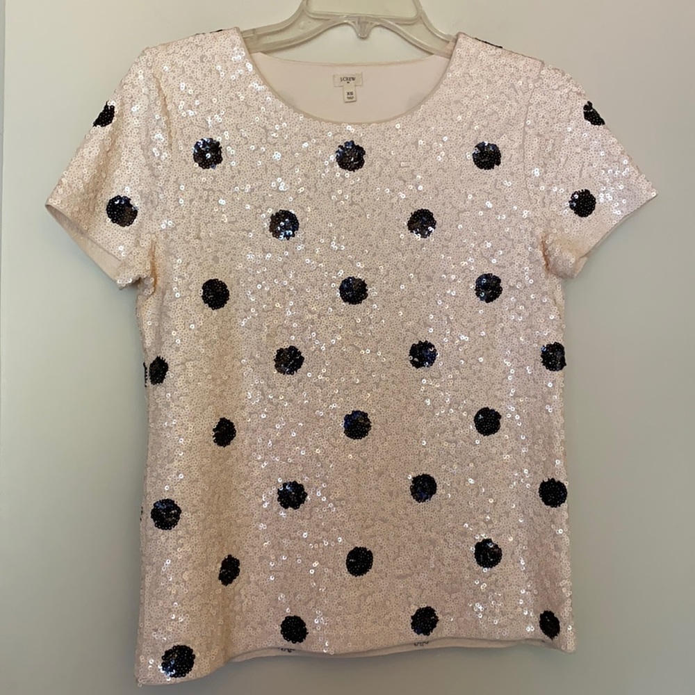 J. Crew Cream and Black sequin polka dot tee XS